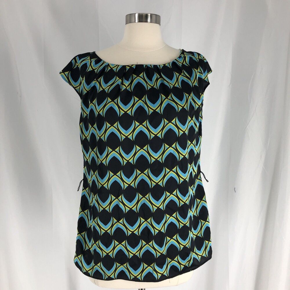 Worthington Blouse Womens Medium Black Blue Green Peacock Feathers Cap Sleeve